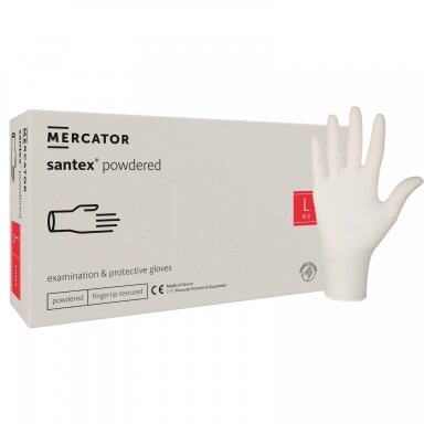 ? Mercator Medical Santex Powdered Finger TXT L – púdruotos latekso pirštinės, 100 vnt. ? Mercator Medical Santex Powdered Finger TXT L – púdruotos latekso pirštinės, 100 vnt.