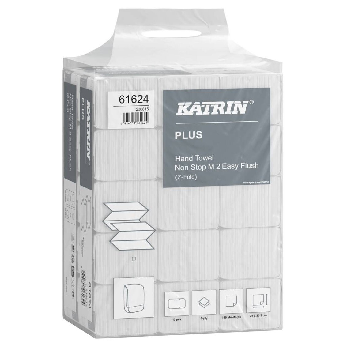 Katrin Plus Z-fold Non-Stop EasyFlush, servetėlės, 2 sluoksnių, 160 lap., Handy Pack, 61624 1