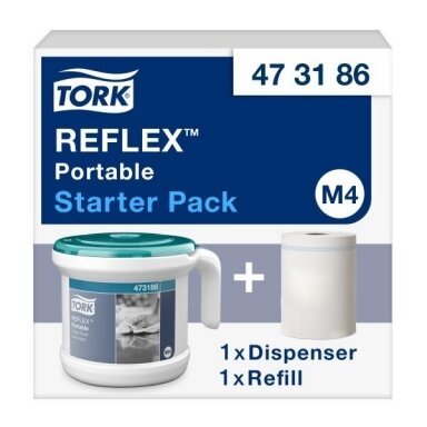 Nešiojamas popieriaus rulonais dozatorius Tork Reflex atskiriems lapeliams M4, baltas/turkio spalvos Nešiojamas popieriaus rulonais dozatorius Tork Reflex atskiriems lapeliams M4, baltas/turkio spalvos
