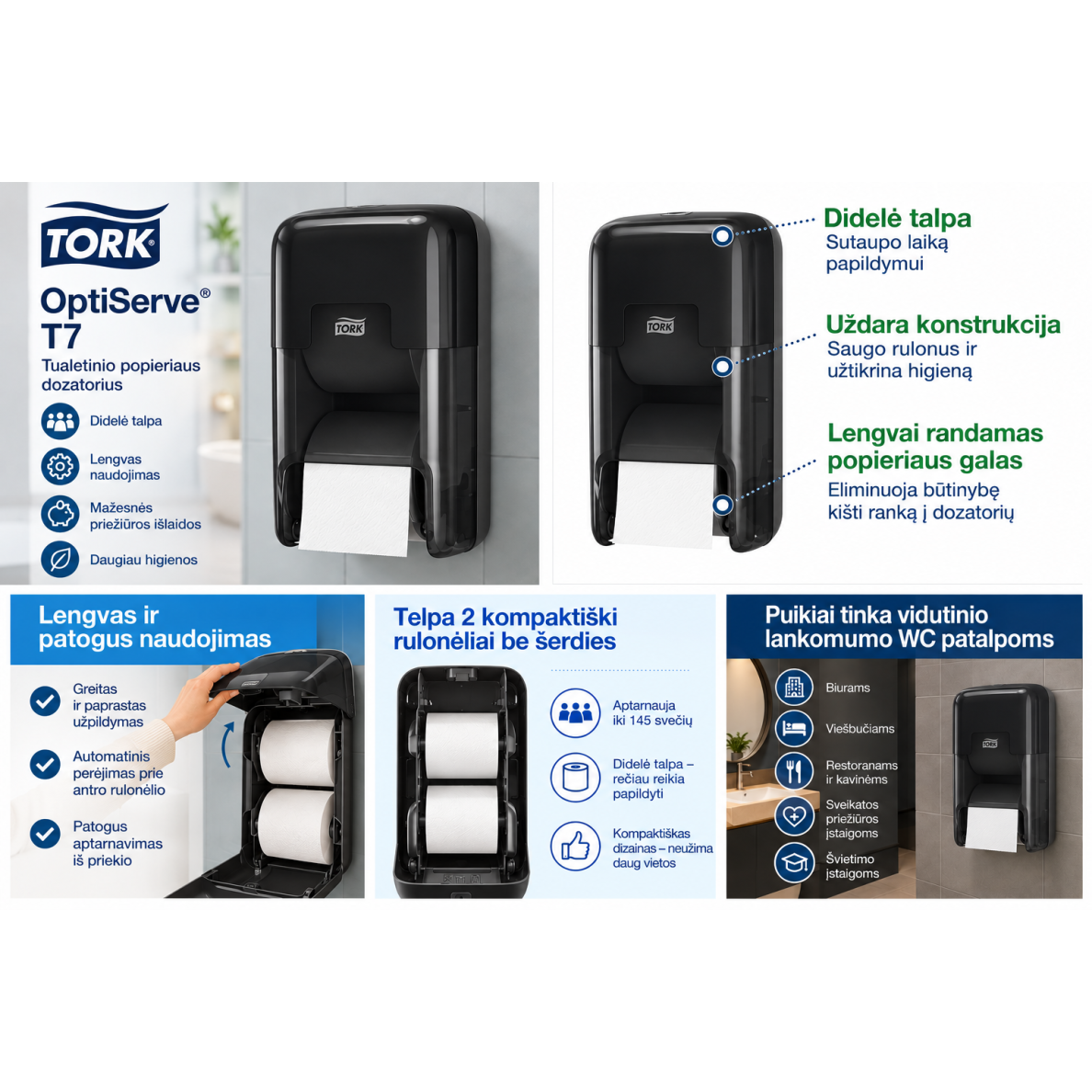 Tork OptiServe T7 tualetinio popieriaus dozatorius, juodas, 2 rulonėlių, 558042 1
