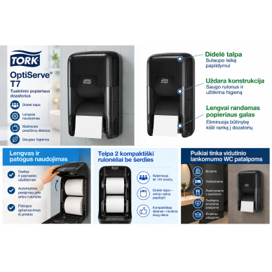 Tork OptiServe T7 tualetinio popieriaus dozatorius, juodas, 2 rulonėlių, 558042 1 Tork OptiServe T7 tualetinio popieriaus dozatorius, juodas, 2 rulonėlių, 558042 1