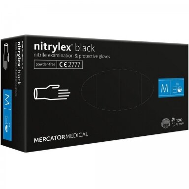 Vienkartinės nitrilinės pirštinės MERCATOR Nitrylex Black, M dydis, juodos sp., be pudros, 100 vnt. Vienkartinės nitrilinės pirštinės MERCATOR Nitrylex Black, M dydis, juodos sp., be pudros, 100 vnt.