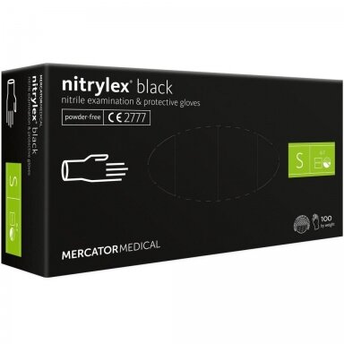 Vienkartinės nitrilinės pirštinės MERCATOR Nitrylex Black, S dydis, juodos sp., be pudros, 100 vnt. Vienkartinės nitrilinės pirštinės MERCATOR Nitrylex Black, S dydis, juodos sp., be pudros, 100 vnt.