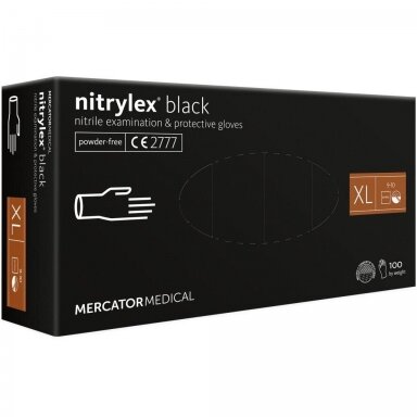Vienkartinės nitrilinės pirštinės MERCATOR Nitrylex Black, XL dydis, juodos sp., be pudros, 100 vnt. Vienkartinės nitrilinės pirštinės MERCATOR Nitrylex Black, XL dydis, juodos sp., be pudros, 100 vnt.