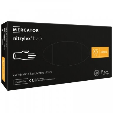 Vienkartinės nitrilinės pirštinės MERCATOR Nitrylex Black, XS dydis, juodos sp., be pudros, 100 vnt. Vienkartinės nitrilinės pirštinės MERCATOR Nitrylex Black, XS dydis, juodos sp., be pudros, 100 vnt.